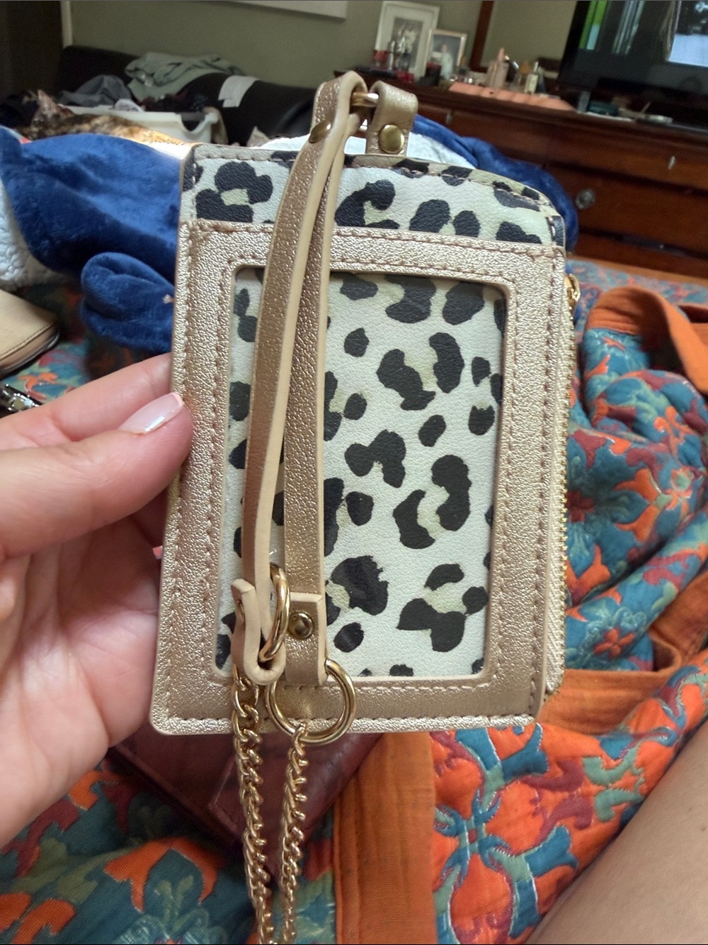 Claire's Leopard Print Mini Card Holder with Gold Trim and Chain